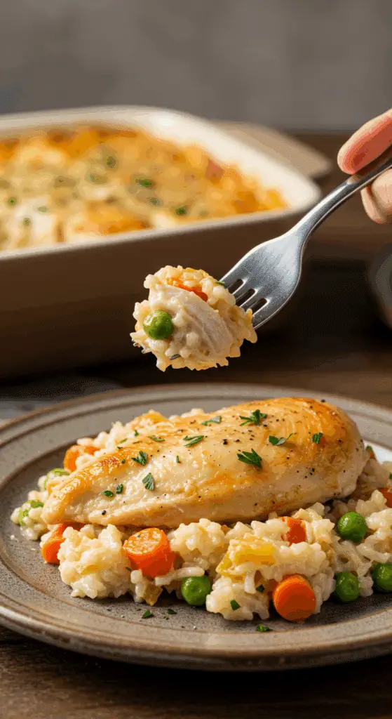A beautiful plate of homemade, creamy "No-Peek" Chicken and Rice Casserole being served for a family dinner.