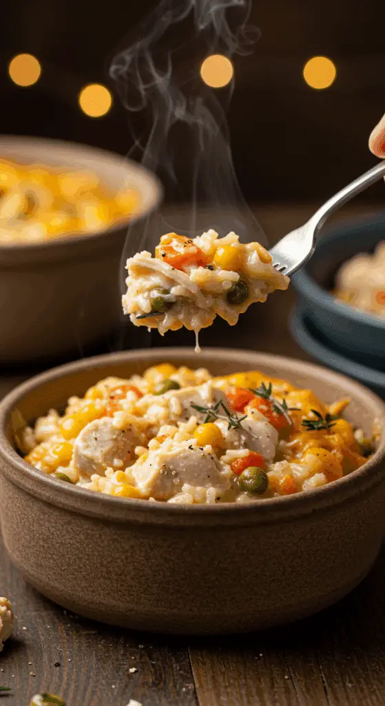 A cozy bowl of homemade, creamy One-Pot Chicken and Rice Casserole being served for a family dinner.