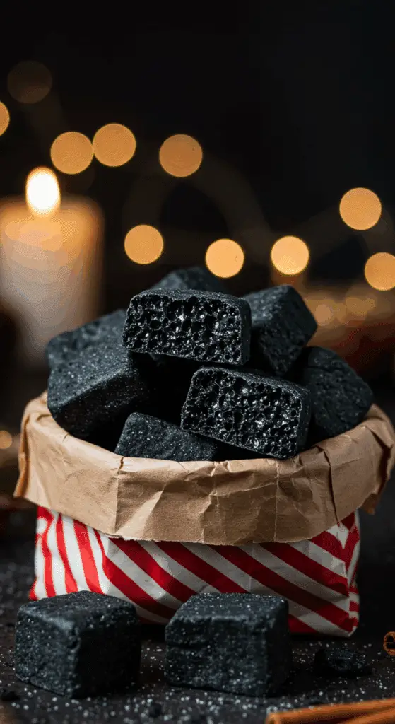 A beautiful, rustic gift bag filled with homemade, crunchy, and black Christmas Coal Candy, with one piece broken to show the light, airy interior.