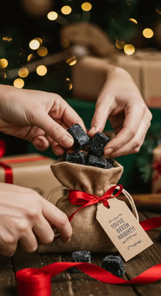 A pair of hands carefully placing beautiful, rustic, black lumps of a homemade Christmas Coal Candy into a small burlap drawstring bag as a homemade Christmas gift.