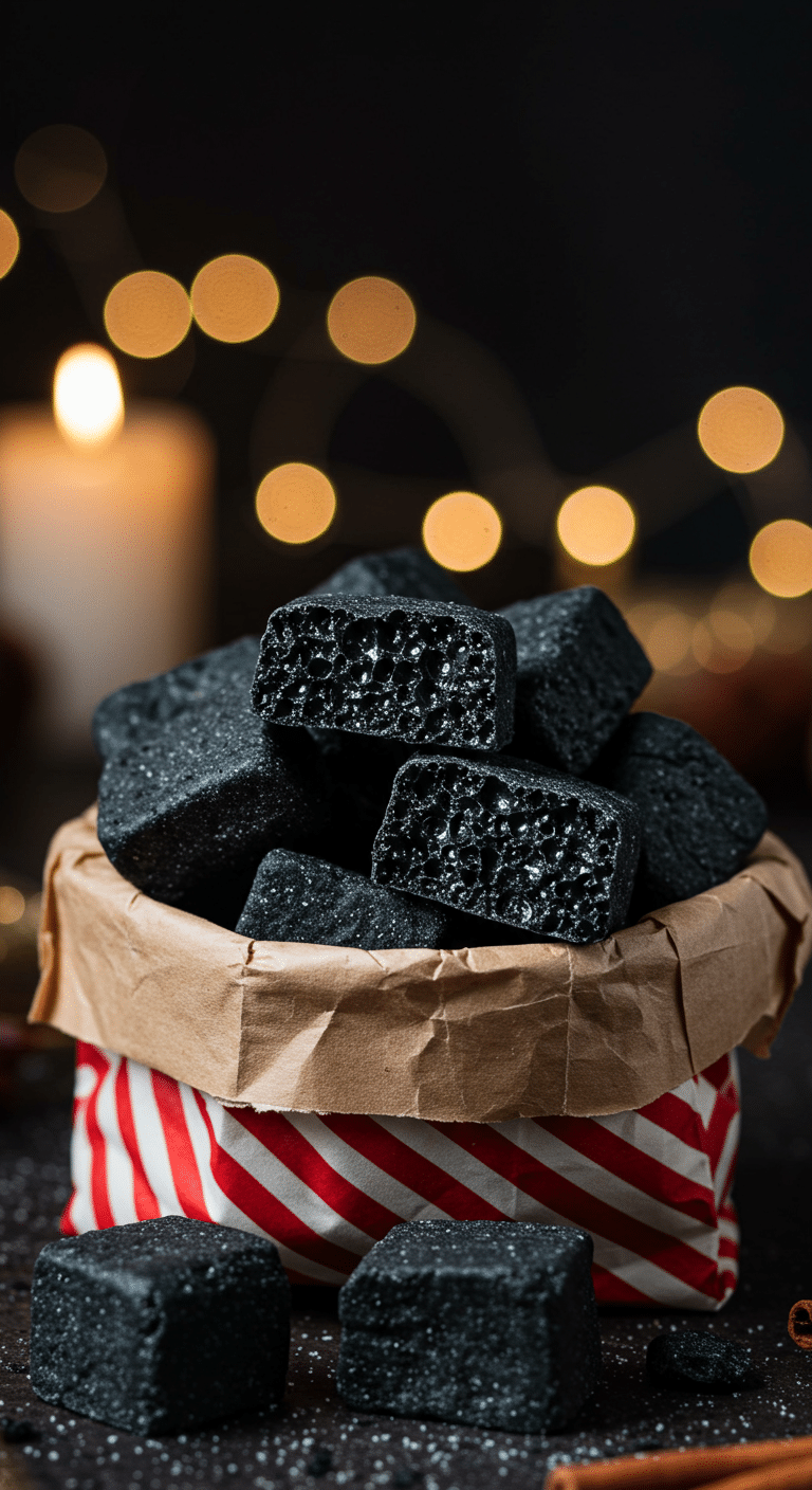 A beautiful, rustic gift bag filled with homemade, crunchy, and black Christmas Coal Candy, with one piece broken to show the light, airy interior.