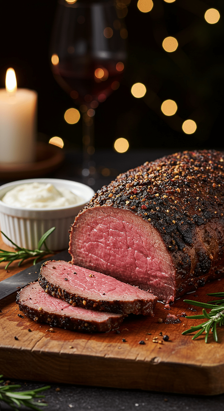 A beautiful, rustic cutting board with a homemade, juicy, and impressive Christmas Eye of Round Roast, with a crispy, black peppercorn crust and a perfect, rosy-pink, medium-rare interior.