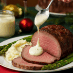 A beautiful plate of a homemade, thinly sliced, and rosy-pink Eye of Round Roast, being served with creamy mashed potatoes and roasted asparagus at a Christmas dinner.
