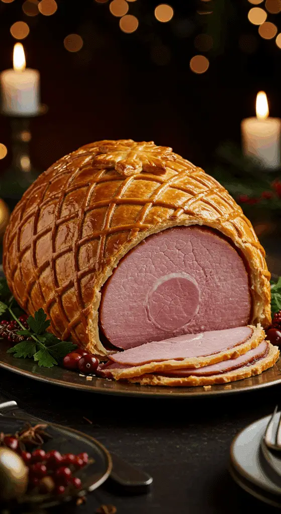 A beautiful, elegant platter with a homemade, impressive Holiday Ham in Puff Pastry, with a golden, flaky, diamond-scored crust and a juicy, pink slice cut from the end.