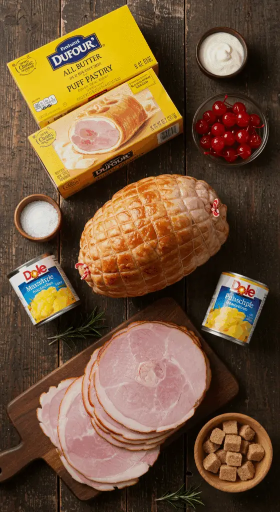 The simple, from-scratch ingredients for the classic and impressive Holiday Ham in Puff Pastry.