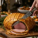 The whole, homemade, impressive, and golden Ham in Puff Pastry being carved as the centerpiece at a fun and sophisticated Christmas party.