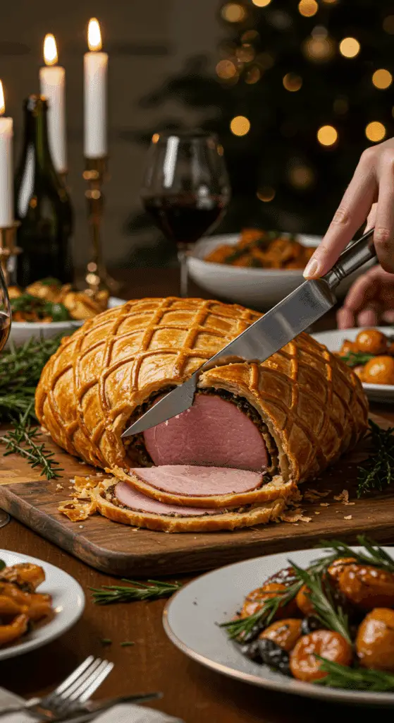 The whole, homemade, impressive, and golden Ham in Puff Pastry being carved as the centerpiece at a fun and sophisticated Christmas party.