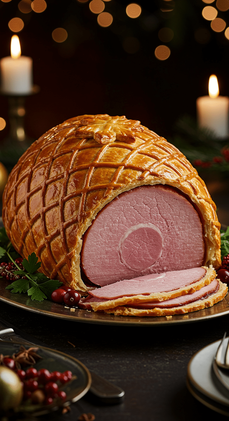 A beautiful, elegant platter with a homemade, impressive Holiday Ham in Puff Pastry, with a golden, flaky, diamond-scored crust and a juicy, pink slice cut from the end.
