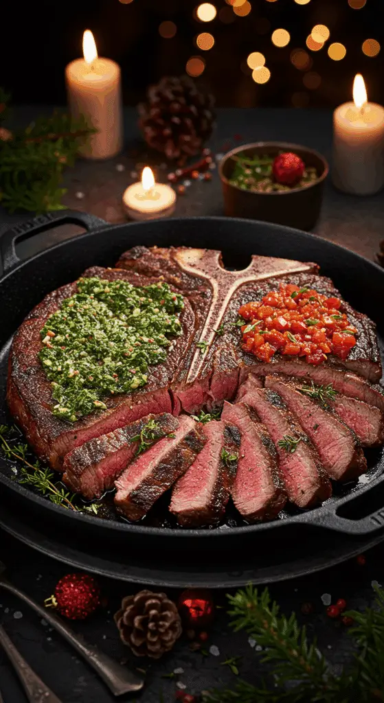 A beautiful, rustic cast-iron skillet with a homemade, impressive, and juicy "Christmas" Porterhouse Steak, with a perfect rosy-pink interior and a festive red and green sauce topping.