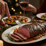 The whole, homemade, impressive, and festive "Christmas" Steak being served as the centerpiece at a fun and sophisticated Christmas party.