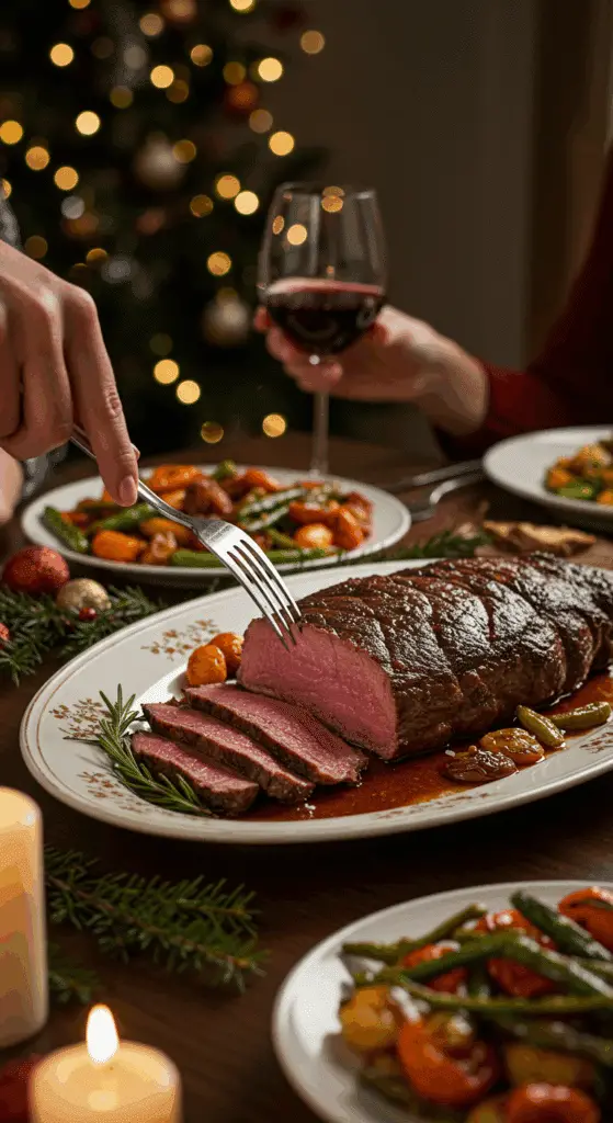 The whole, homemade, impressive, and festive "Christmas" Steak being served as the centerpiece at a fun and sophisticated Christmas party.