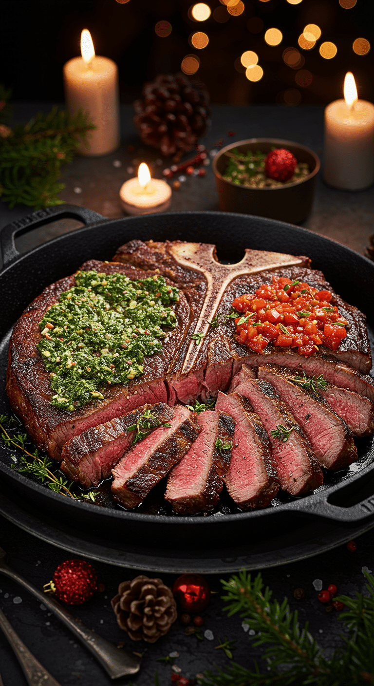 A beautiful, rustic cast-iron skillet with a homemade, impressive, and juicy "Christmas" Porterhouse Steak, with a perfect rosy-pink interior and a festive red and green sauce topping.