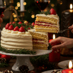 The whole, homemade, impressive, and 3D Christmas Tree Cake being served as the centerpiece at a fun and sophisticated Christmas party.