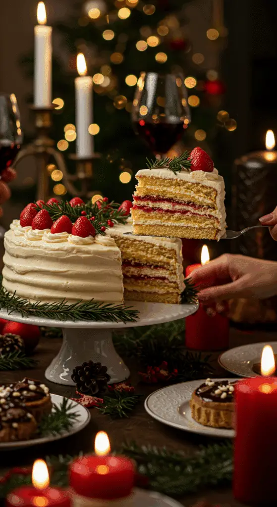 The whole, homemade, impressive, and 3D Christmas Tree Cake being served as the centerpiece at a fun and sophisticated Christmas party.