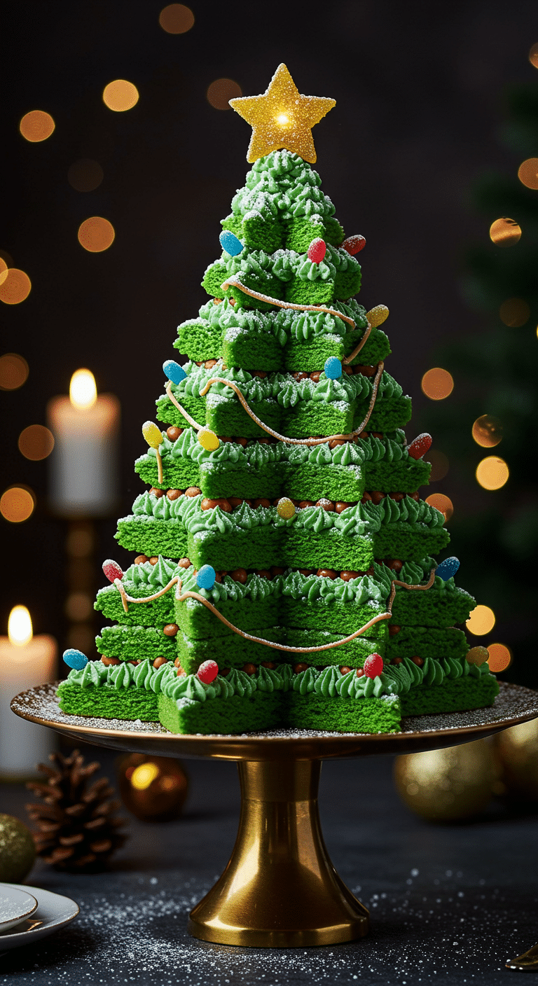 A beautiful, elegant cake stand with a homemade, impressive, and 3D Christmas Tree Cake, with green, piped frosting, colorful candy lights, and a glowing candy star on top.