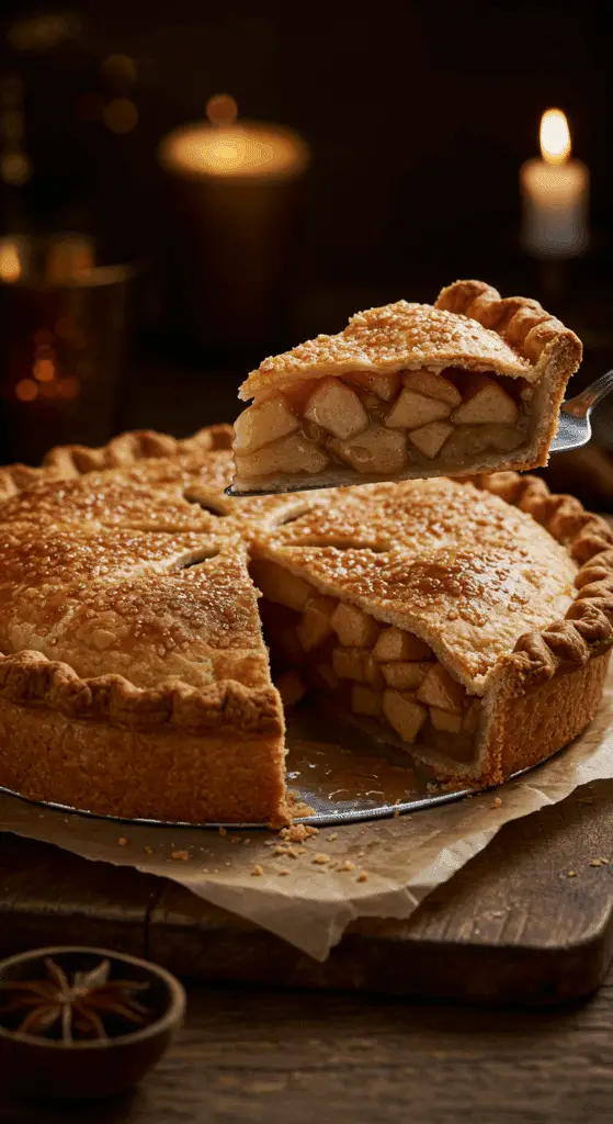 A beautiful, rustic table with a homemade, golden-brown Classic Apple Pie, with a flaky crust and a perfect, tall slice cut out to show the packed apple filling.