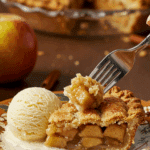 A beautiful plate of a homemade, elegant, and flaky slice of an Apple Pie, being served with a large, melting scoop of vanilla bean ice cream at a Thanksgiving dinner.