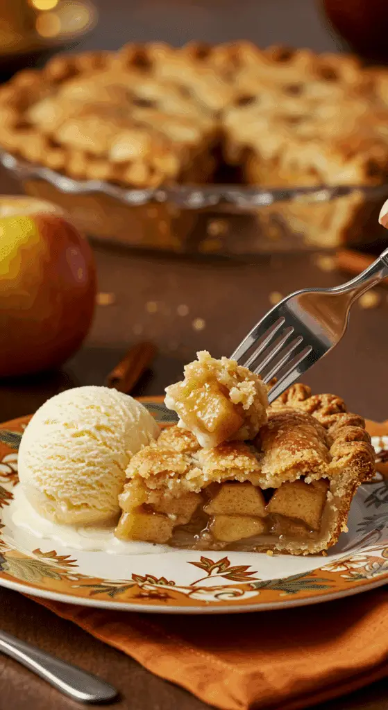 A beautiful plate of a homemade, elegant, and flaky slice of an Apple Pie, being served with a large, melting scoop of vanilla bean ice cream at a Thanksgiving dinner.