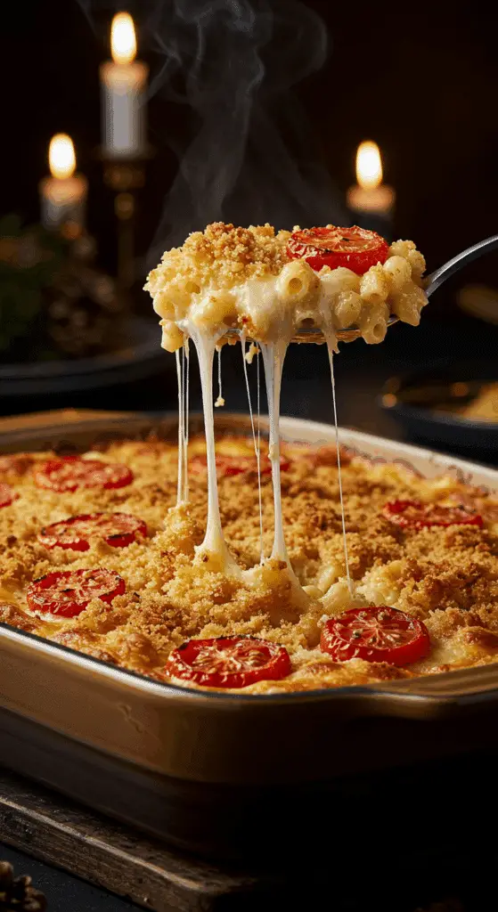 A beautiful, rustic baking dish of homemade, easy, and classic Baked Mac and Cheese, with a golden-brown, crispy crust and a creamy, cheesy scoop being lifted out with an epic cheese pull.