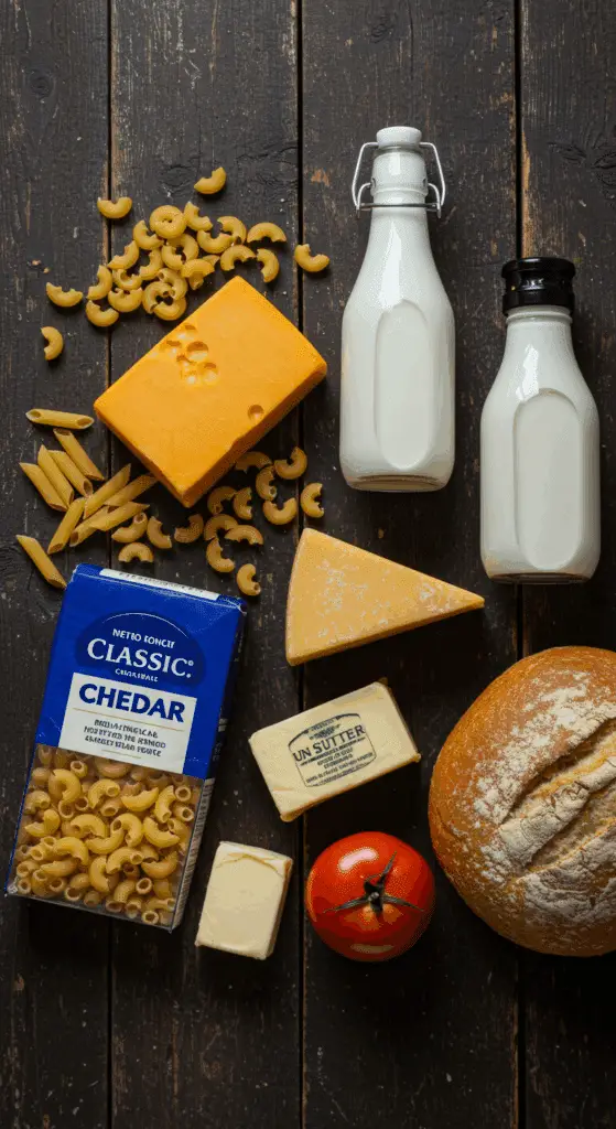 The simple, from-scratch ingredients for the classic and impressive Holiday Baked Mac and Cheese.