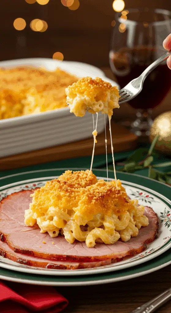 A beautiful plate of a homemade, elegant, and crispy-topped Baked Mac and Cheese, being served with a thick slice of a glazed ham at a holiday dinner.