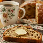 A beautiful plate with a homemade, thick slice of a German Stollen with a smear of butter, being served for a festive Christmas breakfast.