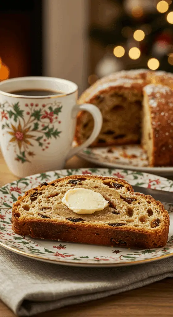 A beautiful plate with a homemade, thick slice of a German Stollen with a smear of butter, being served for a festive Christmas breakfast.