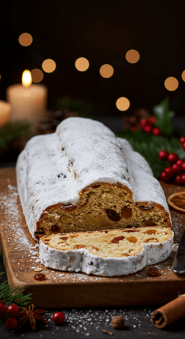 A beautiful, rustic cutting board with a homemade, classic German Christmas Stollen, with a thick, snowy powdered sugar topping and a dense, fruit-and-nut-studded slice cut from the end.