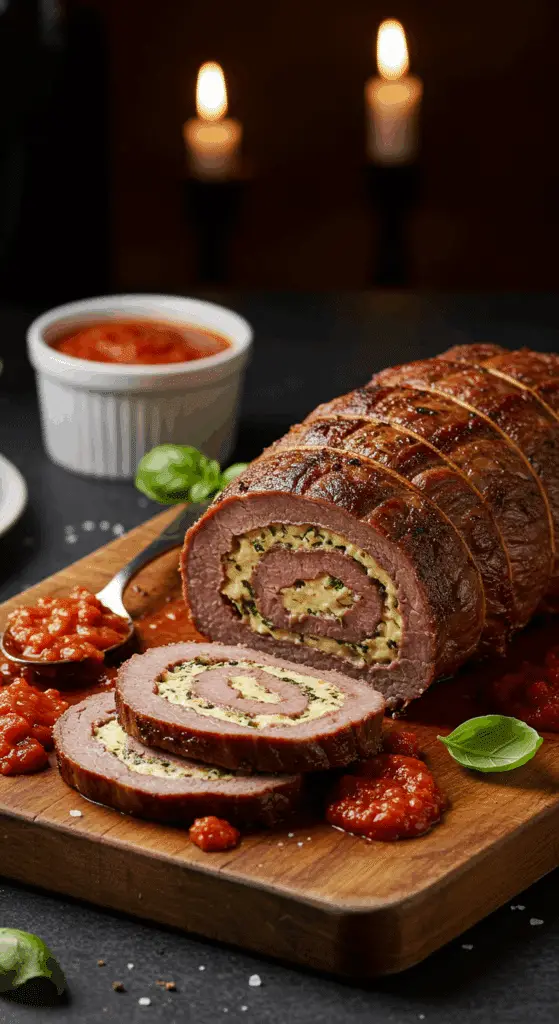 A beautiful, rustic cutting board with a homemade, juicy, and impressive Italian Braciole, with a beautiful, spiral-stuffed slice cut from the end and served with a rich tomato sauce.