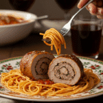 A beautiful plate of a homemade, thick, and juicy, spiral-stuffed slices of Braciole, being served over spaghetti at a family Sunday dinner.