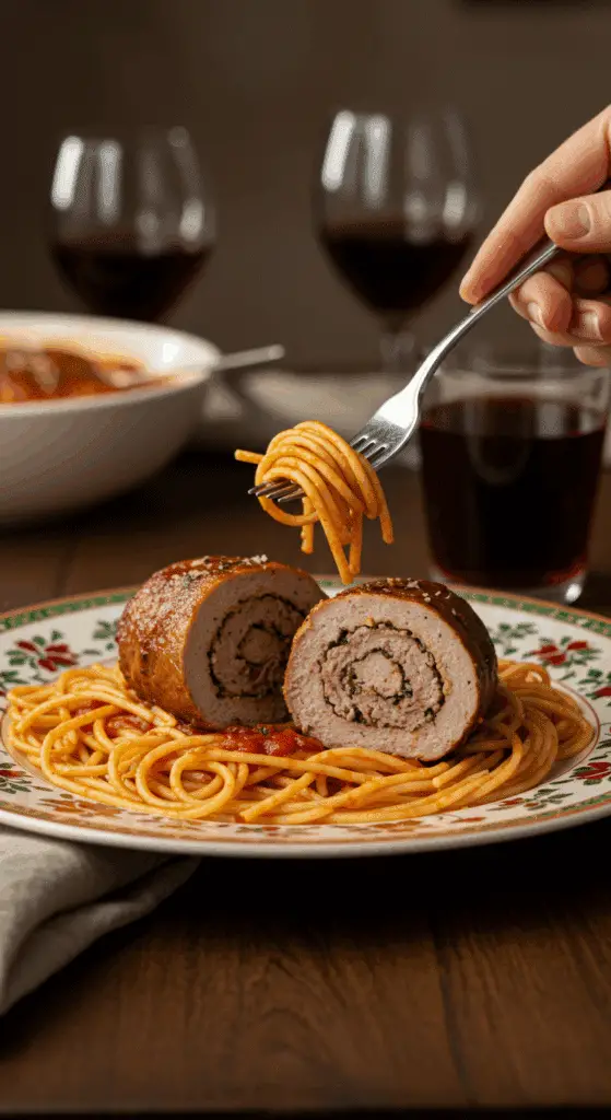 A beautiful plate of a homemade, thick, and juicy, spiral-stuffed slices of Braciole, being served over spaghetti at a family Sunday dinner.