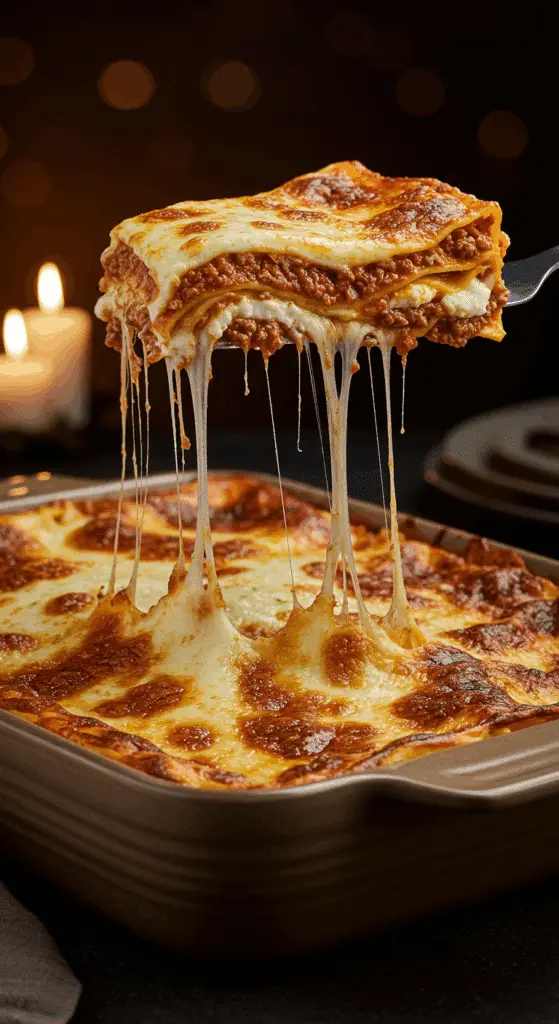 A beautiful, rustic baking dish of homemade, easy, and classic Lasagna, with a golden-brown, bubbly crust and a tall, cheesy, layered slice being lifted out with an epic cheese pull.