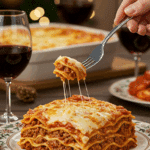 A beautiful plate of a homemade, elegant, and tall, layered slice of a Classic Lasagna, being served at a family holiday dinner.
