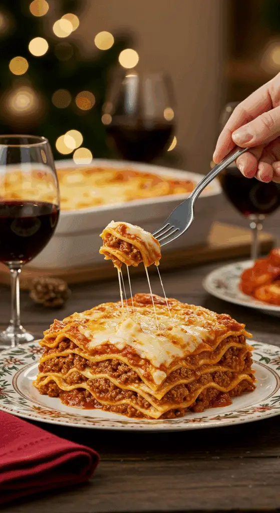 A beautiful plate of a homemade, elegant, and tall, layered slice of a Classic Lasagna, being served at a family holiday dinner.