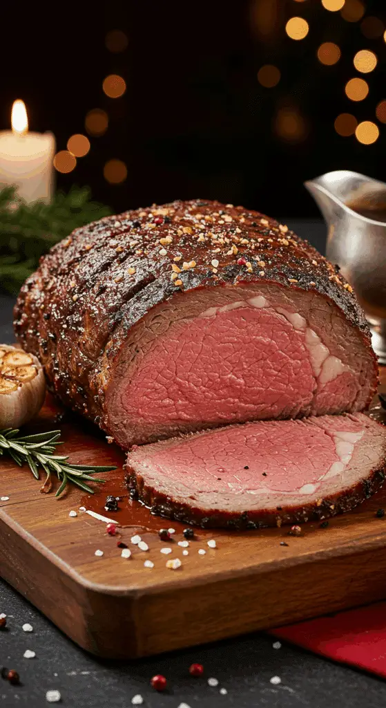 A beautiful, rustic cutting board with a homemade, juicy, and impressive Christmas Prime Rib, with a crispy, dark crust and a perfect, rosy-pink, medium-rare interior.