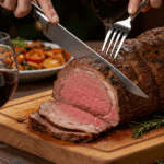 The whole, homemade, impressive, and crusted Prime Rib being carved as the centerpiece at a fun and sophisticated Christmas party.