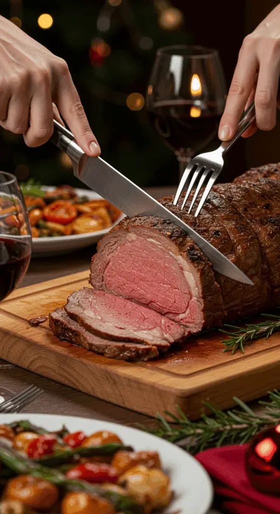 The whole, homemade, impressive, and crusted Prime Rib being carved as the centerpiece at a fun and sophisticated Christmas party.