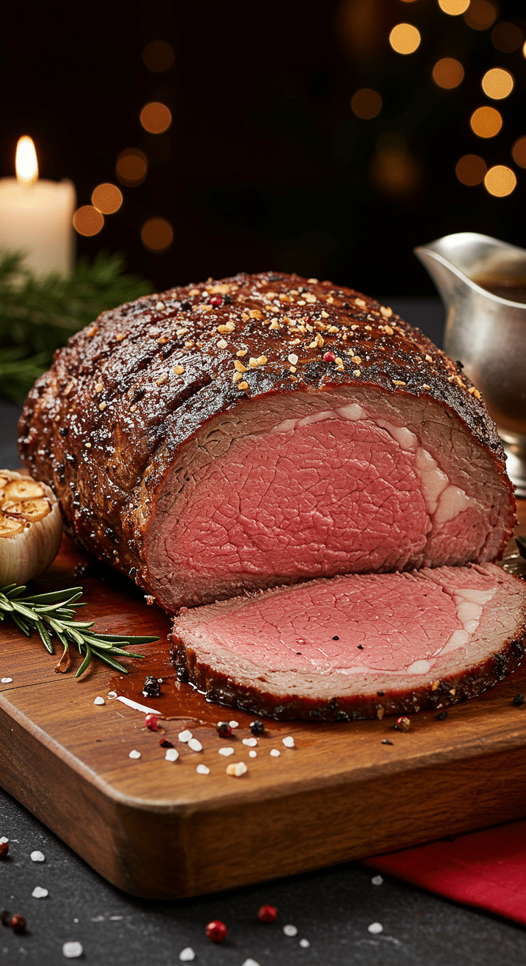 A beautiful, rustic cutting board with a homemade, juicy, and impressive Christmas Prime Rib, with a crispy, dark crust and a perfect, rosy-pink, medium-rare interior.