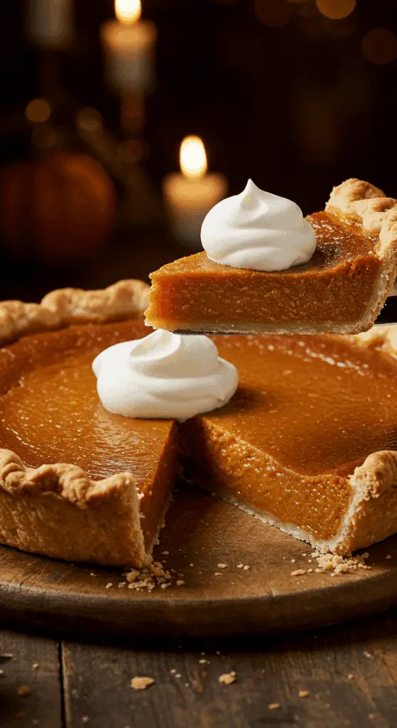A beautiful, rustic table with a homemade, golden-brown Classic Pumpkin Pie, with a flaky crust and a perfect, tall slice cut out to show the smooth, set filling.