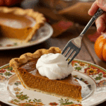 A beautiful plate of a homemade, elegant, and flaky slice of a Pumpkin Pie, being served with a large dollop of whipped cream at a Thanksgiving dinner.
