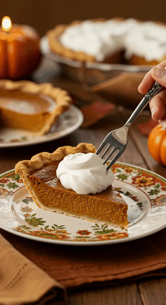 A beautiful plate of a homemade, elegant, and flaky slice of a Pumpkin Pie, being served with a large dollop of whipped cream at a Thanksgiving dinner.