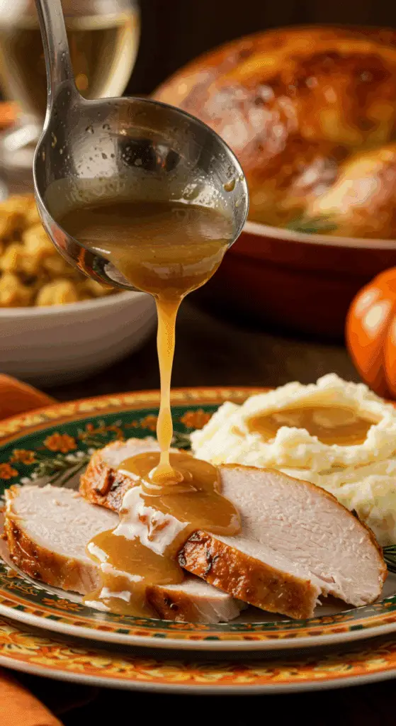 A beautiful plate of a homemade, elegant, and rich Classic Turkey Gravy, being poured over thick slices of a roasted turkey at a Thanksgiving dinner.