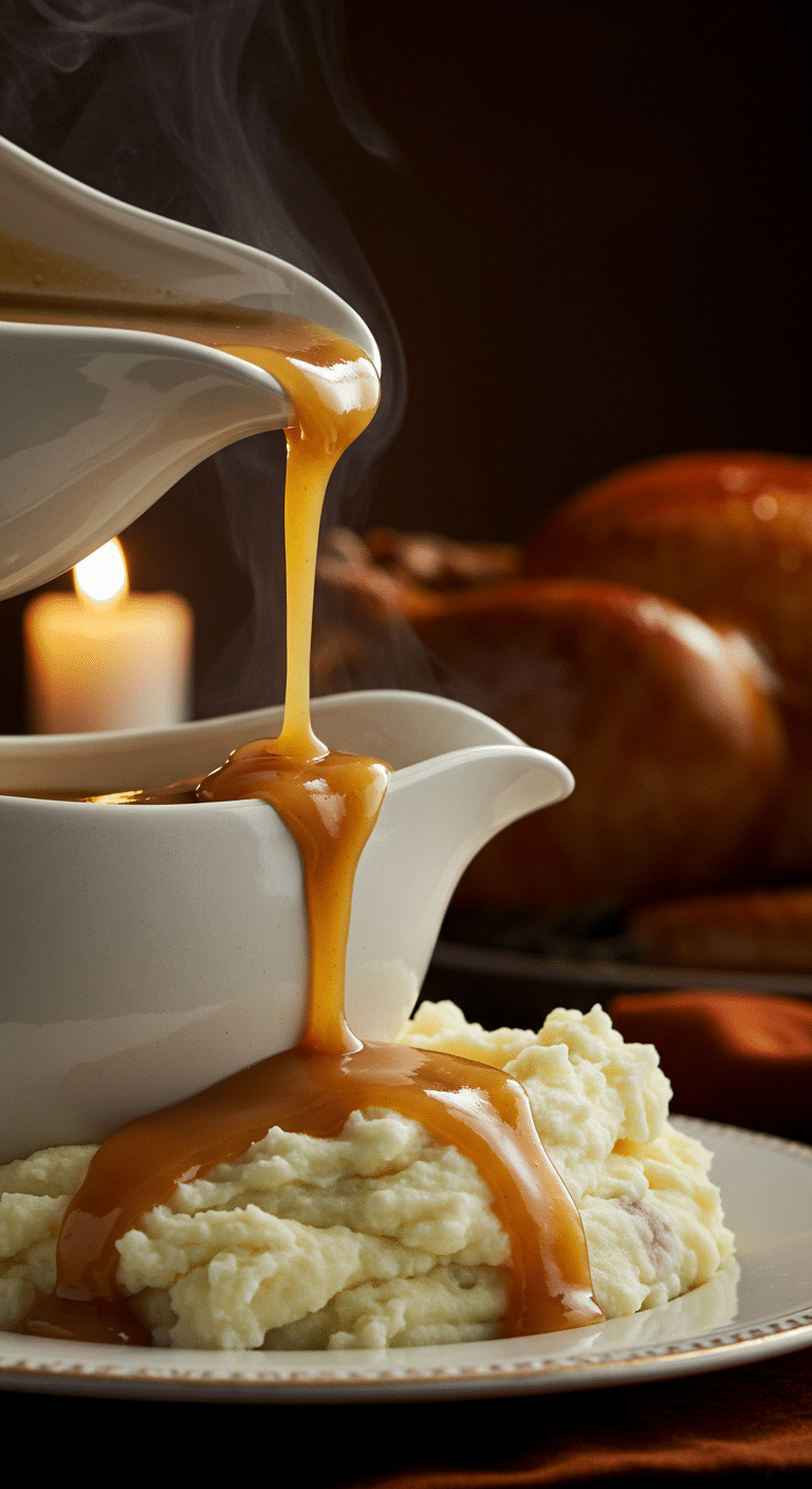 A beautiful, rustic gravy boat of homemade, easy, and from-scratch Classic Turkey Gravy, with a rich, brown, and velvety-smooth stream being poured over mashed potatoes.