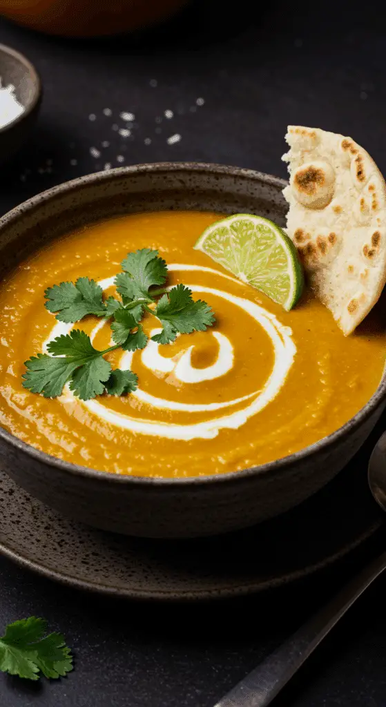 A beautiful, rustic bowl of homemade, creamy, and golden-orange Vegan Coconut Red Lentil Soup, garnished with a swirl of coconut cream and fresh cilantro.