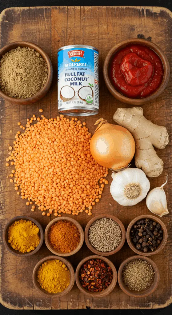 The simple, from-scratch ingredients for the classic, easy, and creamy Vegan Coconut Red Lentil Soup.