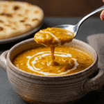 A cozy bowl of homemade, creamy Coconut Red Lentil Soup being served for a casual family dinner.
