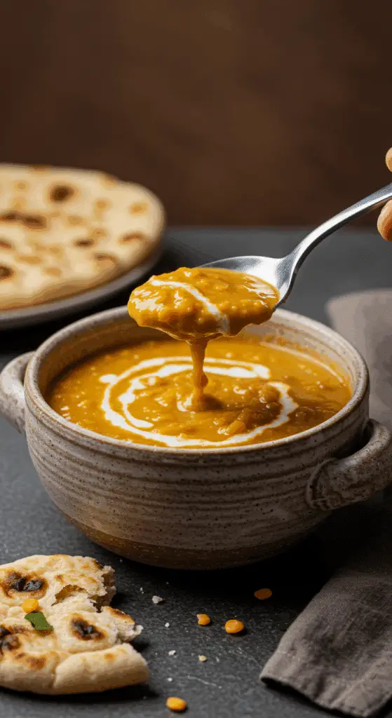 A cozy bowl of homemade, creamy Coconut Red Lentil Soup being served for a casual family dinner.