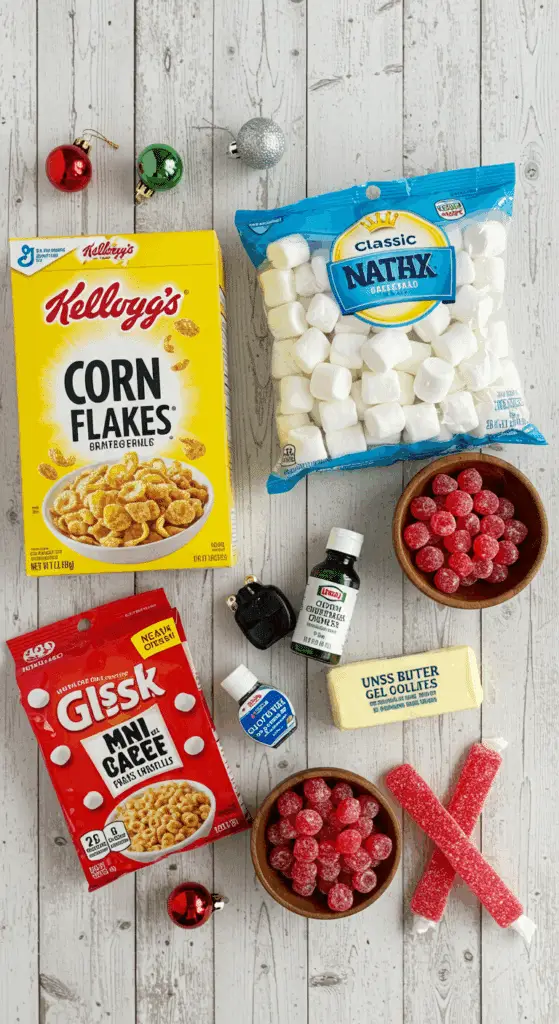 The simple, from-scratch ingredients for the easy and festive Cornflake Christmas Wreaths.