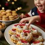 A large platter of homemade, cute, and festive Cornflake Christmas Wreaths being served at a fun and casual Christmas party.