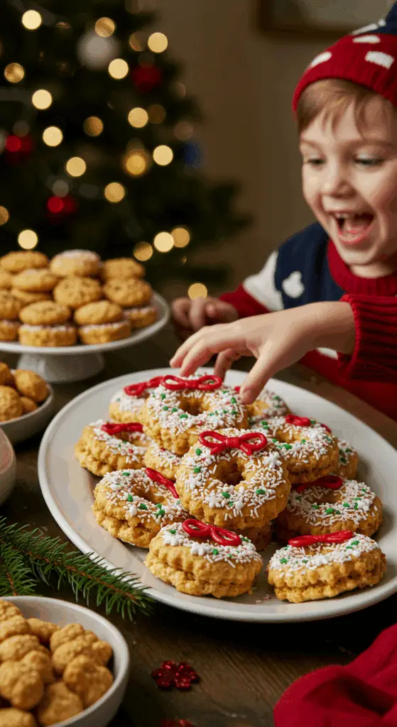A large platter of homemade, cute, and festive Cornflake Christmas Wreaths being served at a fun and casual Christmas party.